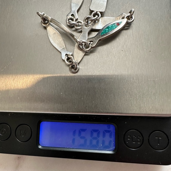 Vintage Taxco Sterling Silver Inlaid Stone Fish Link Bracelet M117 - Picture 3 of 8